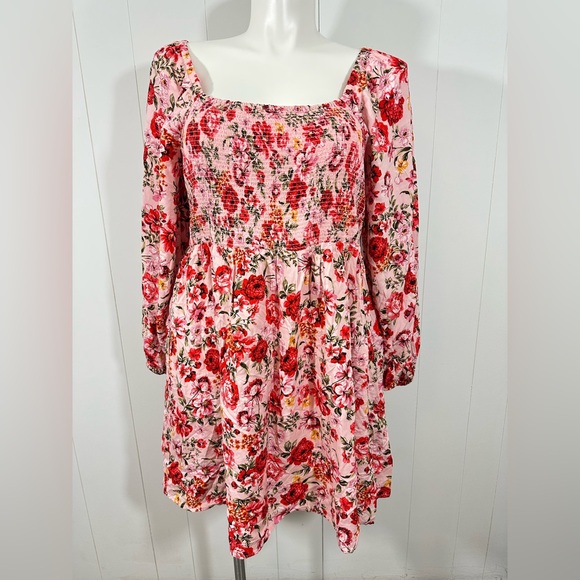 Old Navy Dresses & Skirts - Old Navy 2X Floral Smocked Mini Dress Pink Red Boho Cottagecore Long Sleeve